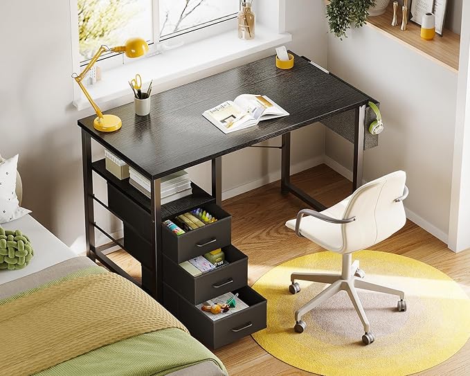 AODK 32-Inch Small Computer Desk with Fabric Drawers Kids Girls Teen Study Writing Desk for Bedroom Home Office Desk for Small Space Black