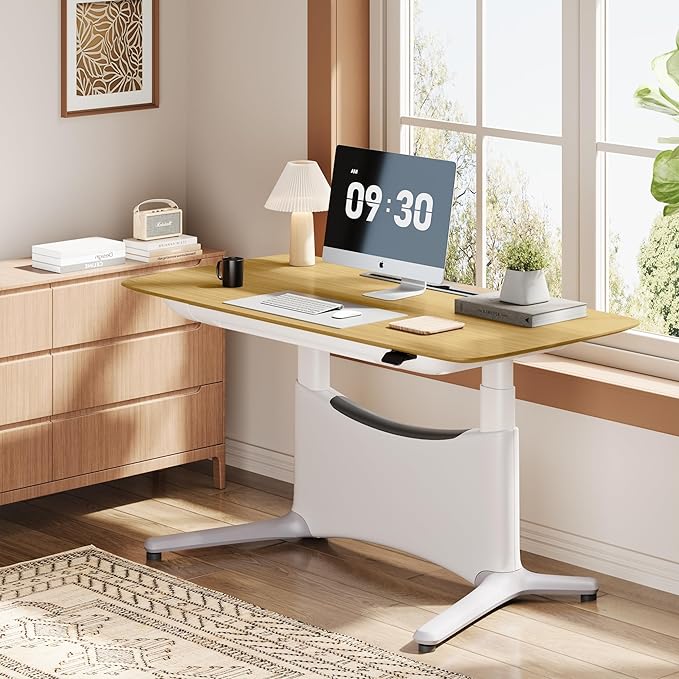 COLAMY LumiDesk All-in-1 Electric Standing Desk Height Adjustable Desk (Veneer Desktop Oak + White)