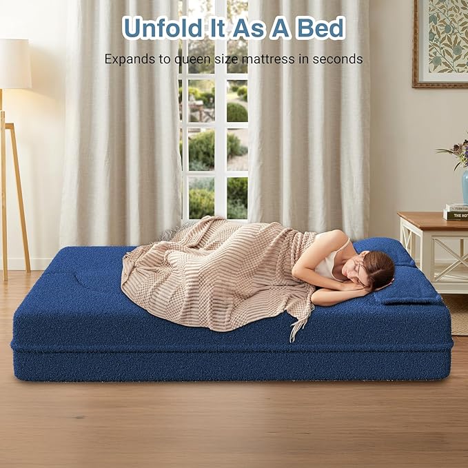 2 in 1 Convertible Folding Sofa BedTeddy Fleece Lazy Lounge SofabedFoam Folding Floor Sofa Bed78 Full Size Memory Foam Couch for Living Room Guestroom No Assembly Required Sofabed(Blue)