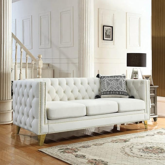 Antetek Comfy Upholstered Couches for Living Room 80-inch Modern Button Tufted 3-Seater Sofa w/Square Arm 4 Golden Metal Legs and Gold Nail Heads for Living Room Office Apartment Beige
