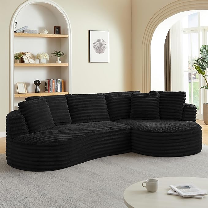 Modern Boneless Curved Sectional Sofa Oversized Minimalist L-Shape Corduroy Sponge Sofa with Round Chaise Comfy Sleeper Couch for Living Room Apartment Reception Spaces 4 Seat Black Right Chaise