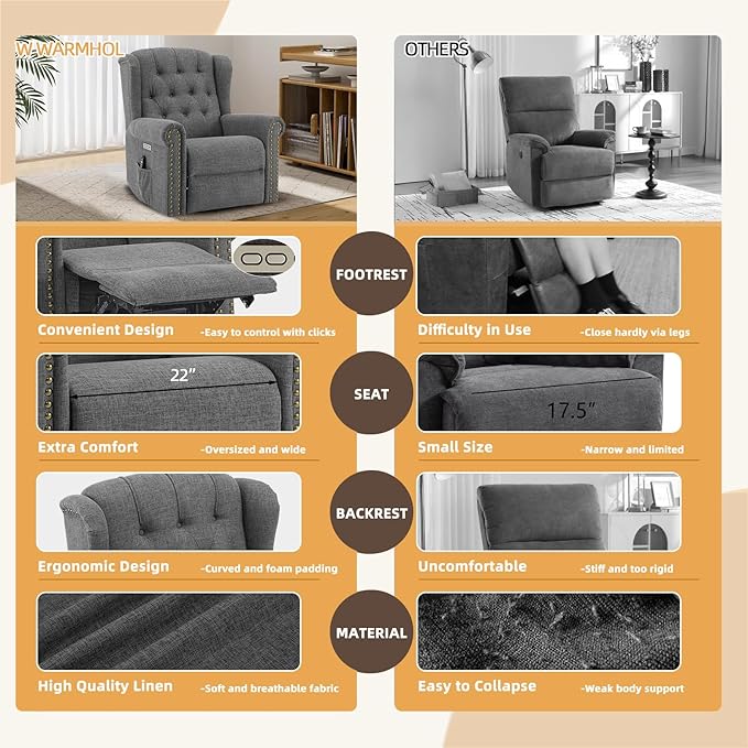 Power Swivel Rocking Glider Recliner Chair Electric Nursery Reclining Sofa Chair with Heat and Massage Wingback Tufted Upholstered Recliner for Living Room USB and Type-C Ports Grey