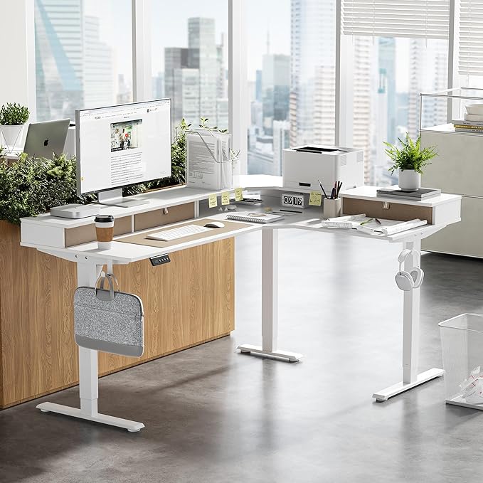 FEZIBO L Shaped Electric Standing Desk 63 x 48 inch Large with Drawers | Reversible Tabletop 2 Memory Height Settings | Home Office &amp Gaming Height-Adjustable Table White（2 Packages）