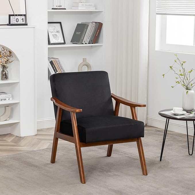 Mid Century Modern Accent Chairs with Arms Portable Rustic Solid Wood Home Chair Comfortable Chairs for Living Room Extra Seating Modern Accent Chair for Bedroom OfficeBlack-Velvet