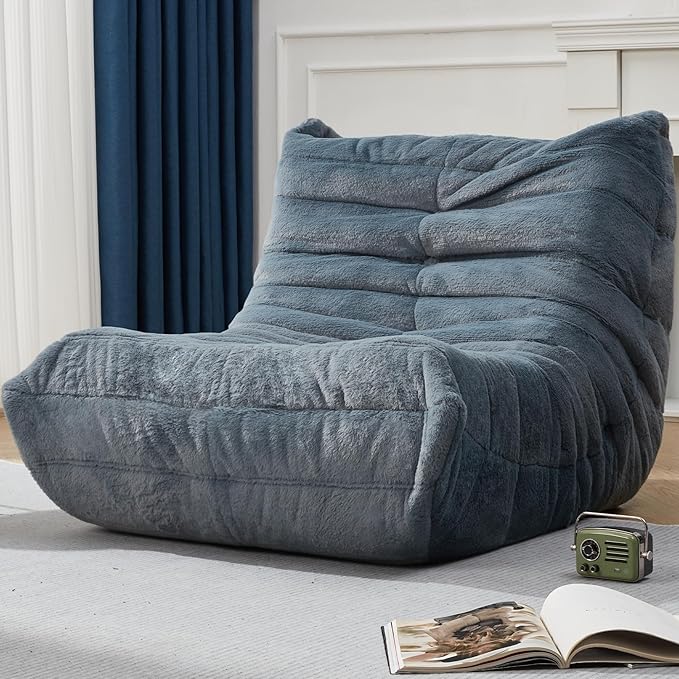 Bean Bag Chairs for Adults Giant Bean Bag Chair Memory Foam BeanBag Chair Bean Bag Sofa with Filler Faux Fur Fireside Beanbags Lazy Sofa for Living Room Bedroom Office (Bluegrey Plush Single)