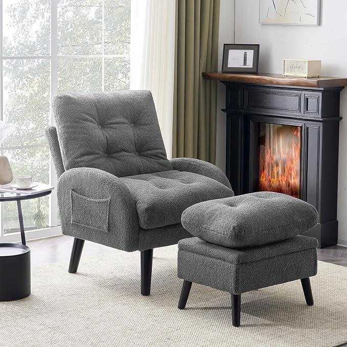 ELUCHANG Accent Chairs with Ottoman Upholstered Comfy Armchair with Adjustable Backrest&ampStorage Footrest Lazy Chair Reading Chair Leisure Sofa Recliner for Living Room Bedroom (Grey - Teddy Fabr