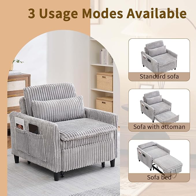 Modern Corduroy Fabric Sofa Bed Futon3 in 1 Convertible Pullout Bed Sleeper Couches with 3 Reclining BackrestsSmall Sofa Chair Bed for Living Room Bedroom (Light Grey)