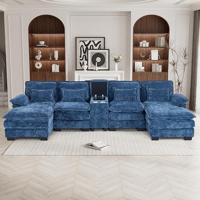 133 Oversized U Shaped Cloud Couch Modular Sectional Couches for Living Room Comfy Chenille Deep Seat Sofa Set with Double Chaise Lounge Storage Central Console Cup Holders USB Port Blue