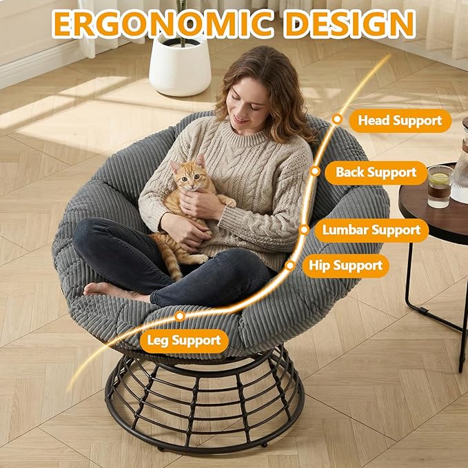 36” Papasan Chair with Cushion and Frame Oversized Papasan Chairs 360° Swivel Olefin Adjustable Feet Suitable for Living Room Patio Bedroom Indoor/Outdoor (Grey+Corduroy)