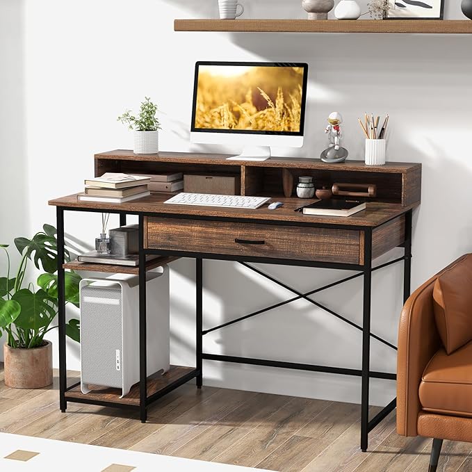 Tangkula Computer Desk with Storage Drawer &amp Monitor Stand 48” Home Office Writing Desk with 2 Open Shelves &amp Compartments Computer Workstation Writing Study Desk with Metal Frame (Rustic Br