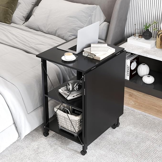 Tangkula Folding Computer Desk Modern Writing Table w/ 2-Tier Storage Shelves PC Laptop Study Table Workstation w/ 6 Wheels Space Saving Compact Home Office Desk for Small Apartment (Black)
