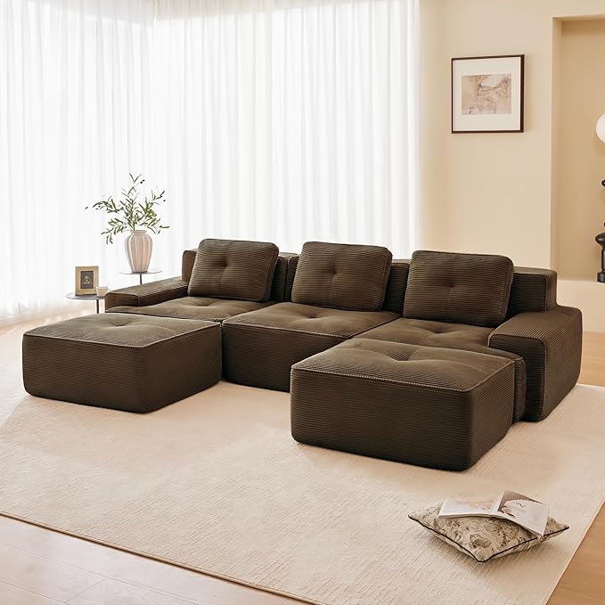 Boneless Couch Modular Sectional Sofa 117 Modern Cloud Couch with Deep Seat Comfy Corduroy U Shaped Sectional Couches for Living Room 3 Seater Tufted Floor Sofa with Movable Ottoman Brown