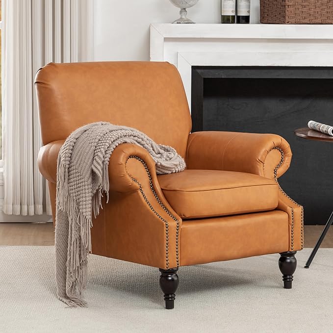 Accent Chair22.4 Seat Depth Living Room Chair36.6W*34.3D*34.6H Armchair with Roll Arms and Wood LegsSet of 2Faux Leather in Brown