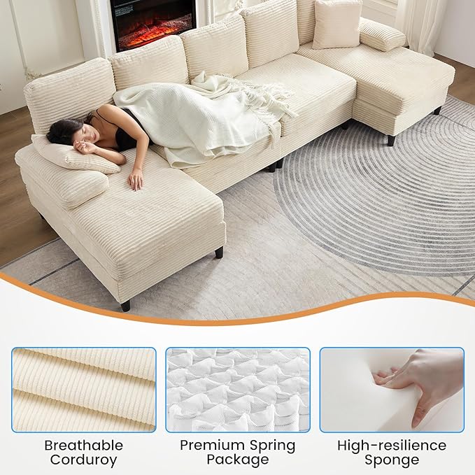 PUREMIND Sectional U Couches for Living Room U Shaped Sofa with Double Chaise Lounge and Sleepable Armrests Corduroy 4 Seater Sectional Sofa Living Room Furniture