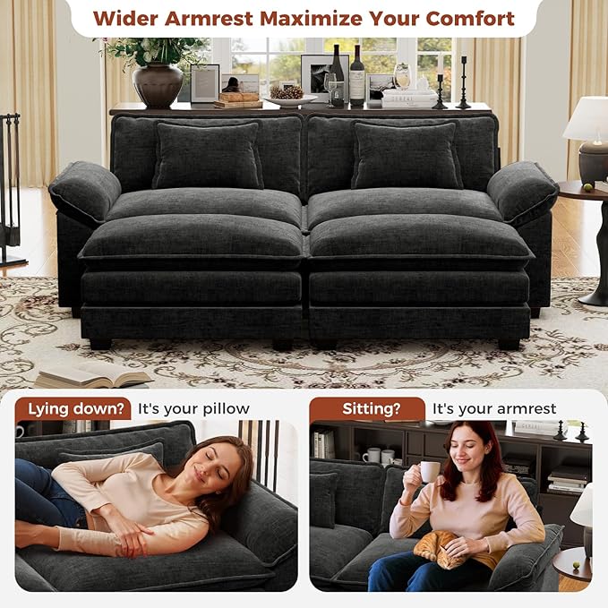 CDCASA 86 Modular Sectional Sofa Comfy Cloud Couch with 2 Movable Ottoman 4-Seater Chenille Deep Seat Sofa Bed Modern Sofa Couch for Living Room DIY Combination Black