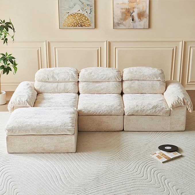 115.7 L Shaped Modular Sectional Sofa with Ottoman Cloud Boneless Couch Upholstered Sofa in a Box Flexible Module Combination for Living Room No Assembly Beige