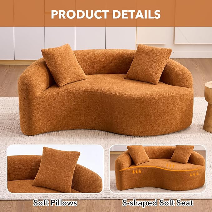 67 Modular Sectional Loveseat Sofa Chenille Upholstered Cloud Couch with S-Shaped Cushion Boneless Couch Sleeper Deep Seat Sofa with Throw Pillows for Living Room (Orange) | Chenille Comfortable