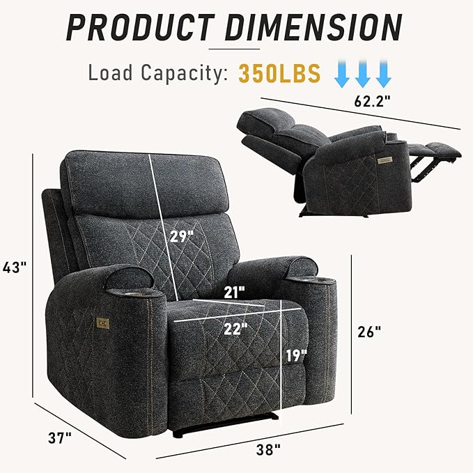 Electric Recliner Chair Set of 2 Soft Fabric Power Recliners with Metal Cup Holders Single Overstuffed Heavy Duty Reclining Sofa Chairs for Living Room Bedroom Dark Grey