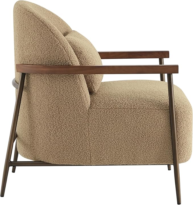 CHITA Accent Chair for Living Room FSC Certified Modern Upholstered Faux Sherpa Fabric Armchair with Metal Frame and Wooden Armrests Camel