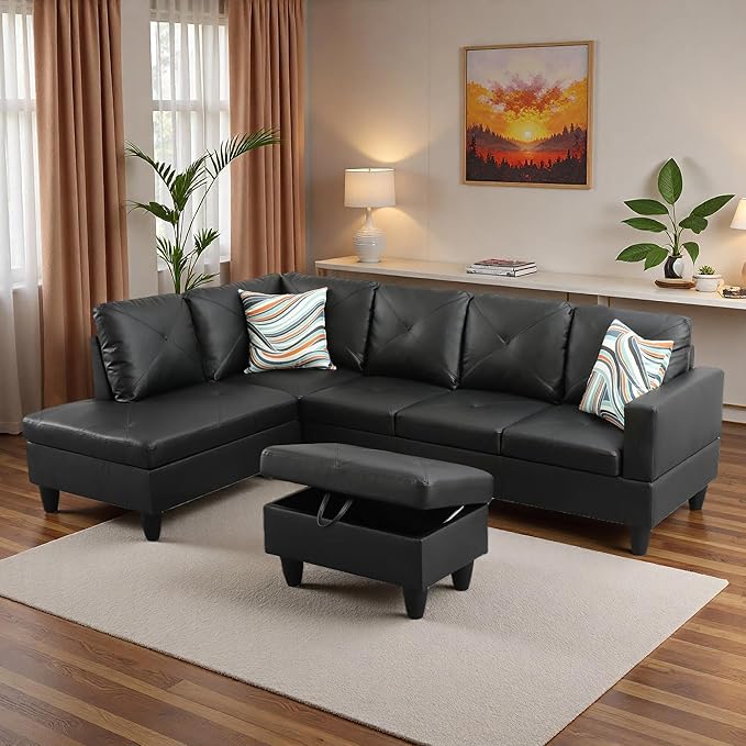 L-Shaped Sectional Sofa with Movable Chaise &amp Storage Ottoman Leather 3-Piece Modular Convertible Couches for Living Room Apartment &amp Office Black