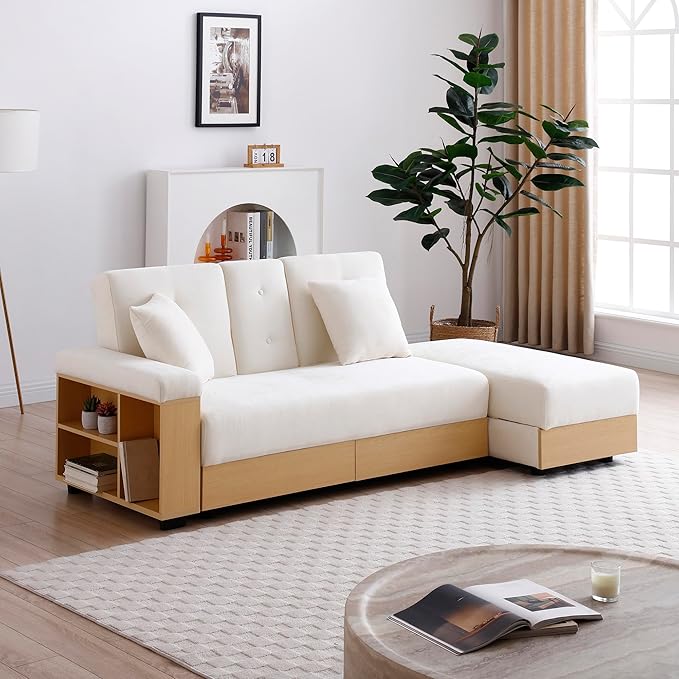 KEIKI Multi-Functional Sofa Sleeper with Storage Ottoman and Two Pull Out Drawer Fold Out Couch Bed with Side Storage Rack and Drop Down Table with 2 Cup Holders