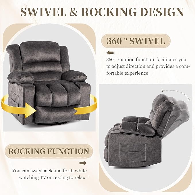 Recliner Chair Rocker Modern Ergonomic Lounge 360 Degree Swivel Single Sofa Seat Living Room Lounge Recliners (360 Swivel Dark Gray A - Flannel)
