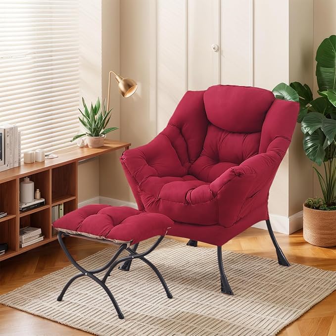 Lazy Chair with Ottoman Large Burgundy Accent Chair with Ottoman Comfy Reading Armchair Leisure Sofa Chair for Living Room Bedroom Dorm Room Office