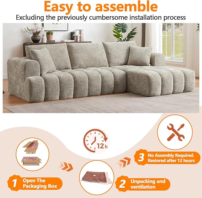 Luxury 108 Sofa with Oversized Chaise L-Shaped Chenille Modular Cloud Couch with Deep Seat &amp 2 Pillows Orange Boneless Couches for Living Room Apartments Homes (Khaki Left Facing Chaise)