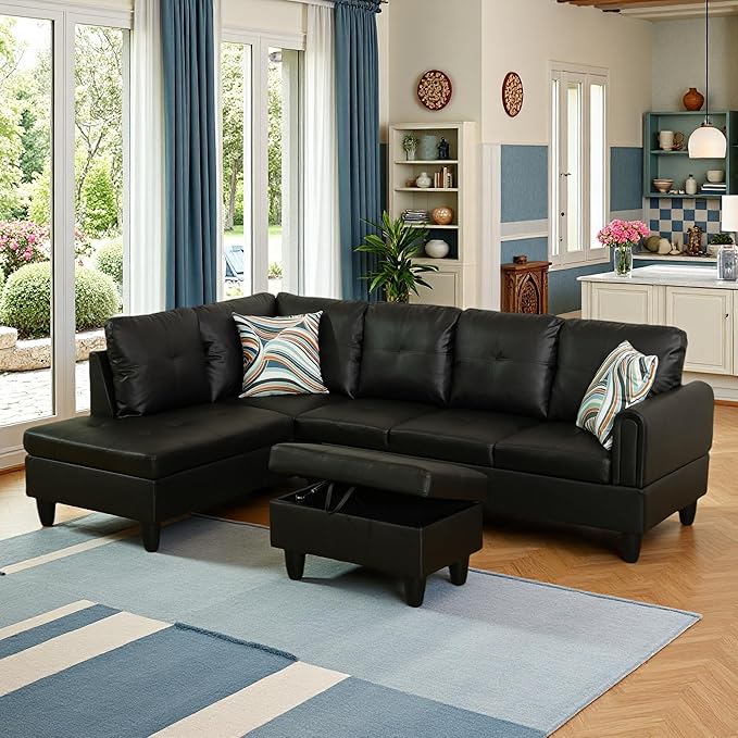 L-Shaped Sectional Sofa with Movable Chaise &amp Storage Ottoman Leather 3-Piece Modular Convertible Couches for Living Room Apartment &amp Office Black