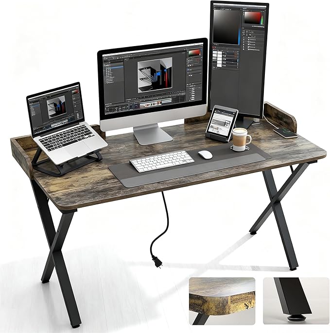 Lightdot 47x24 Inches Computer Desk with Power Outlets &amp USB Deeper Desktop &amp Baffle Gaming Office Writing Work Desk for Home Office Study Bedroom Heavy Duty Metal Frame Rustic Brown
