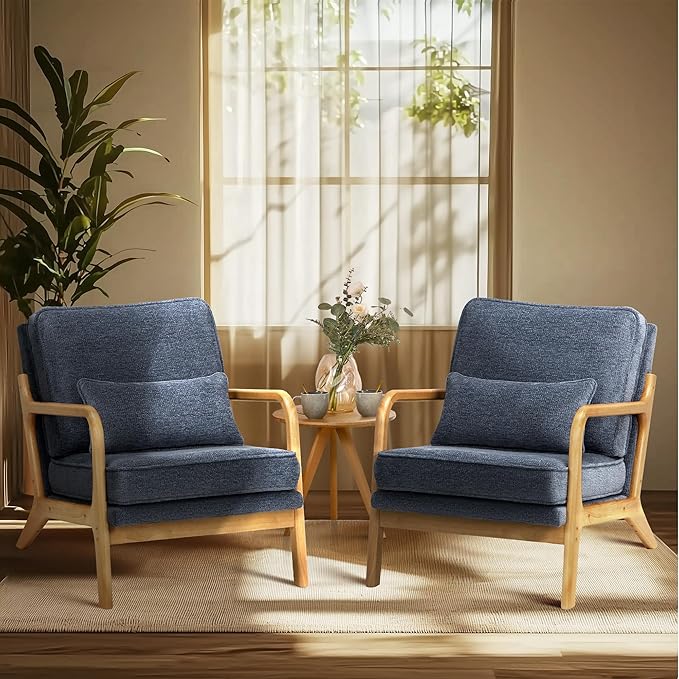 COLAMY Mid Century Modern Accent Chair with Lumbar Pillow Relaxing Armchair with Solid Wood Frame &amp Soft Cushion Reading Leisure Chair for Living RoomBedroomWaiting Room（Blue）
