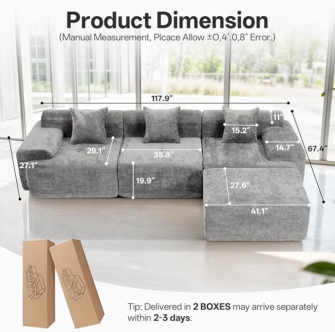 118 Cloud Sectional Couch for Living Room Boneless 4-Seater Lounge Couch with Deep Seat and Movable Ottoman Gray
