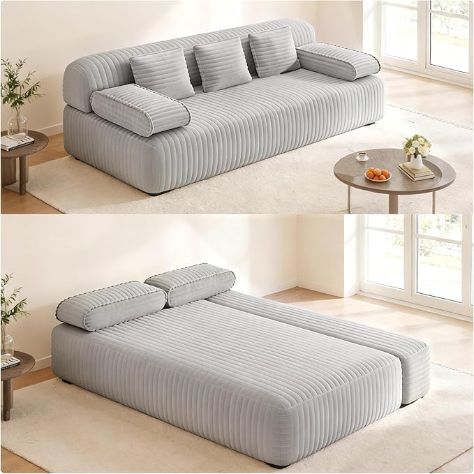 Convertible Sofa Bed 78.7 Frameless Floor Sofa-in-a-Box Corduroy Boneless Couch for Small Space Apartments Queen Sleeper Sofa for Everyday Use 3 Pillows Included No Assembly (Light Grey)