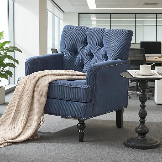 Accent Chair for Living Room Mid-Century Armchairs for Small Spaces Chenille Upholstered Comfy Reading Armchair with Studded for Bedroom (Blue)