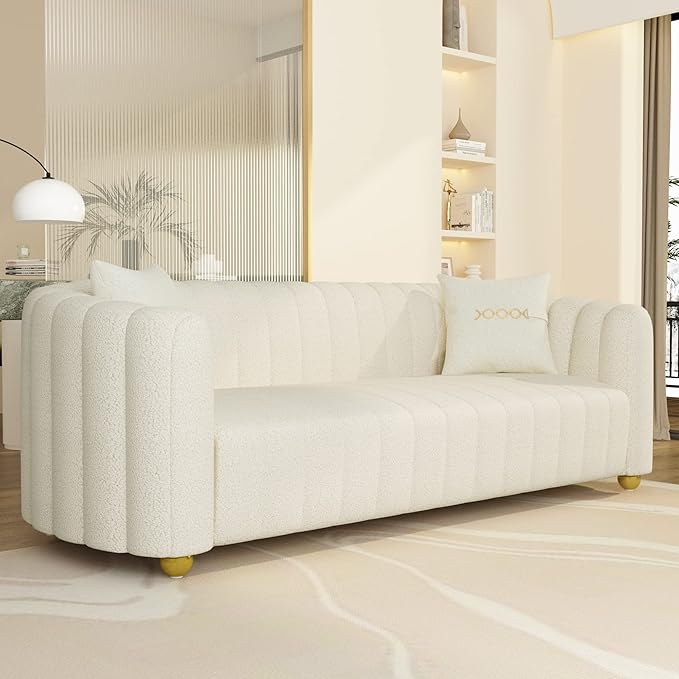 Modern Teddy Cream White Couch for Living Room 83.46 Curved Sofa with Gold Metal Sphere Legs 3 Seater Cute Couch (Teddy Cream White)