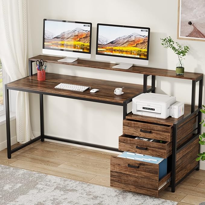 LITTLE TREE 63 Inches Computer Desk with Ergonomic Monitor Stand Home Office Desk with File Drawers
