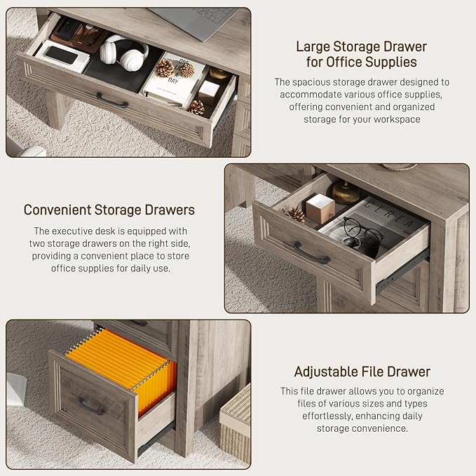 Vabches Farmhouse Executive Desk with Drawers Home Office Desk with File Drawer Wood Computer Desk with Ample Storage Rustic Office Desk with Spacious Tabletop for Work Grey