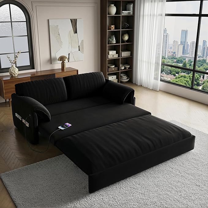 Queen Pull Out Futon Sofa Bed with USB Ports 3-in-1 Modern Convertible Sleeper Sofa with Side Pocket ＆ Rivets Comfy Corduroy Loveseat Couch for Living Room Bedroom Apartment (Black Velvet)