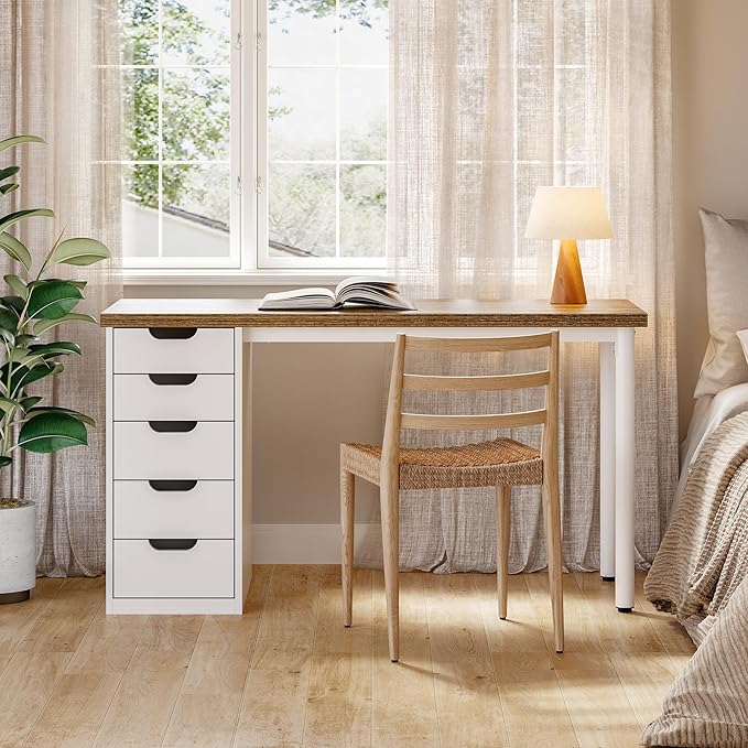 LITTLE TREE Computer Desk with 5 Drawers 47 Inch Modern Simple Study Writing Desk with Metal Frame Work Desk for Home Office Rustic Brown and White