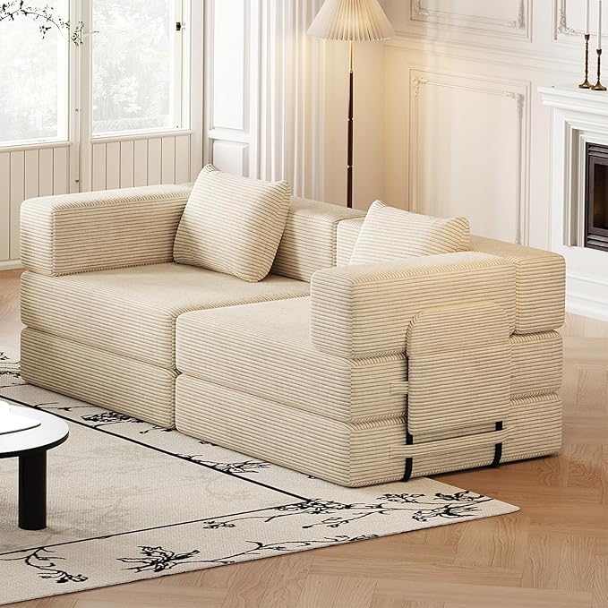 KINFFICT 72 inch Sectional Sleeper Sofa Modular Futon Folding Loveseat Floor Sofa Bed Convertible Comfy Corduroy Memory Foam Couch Bed with Side Pockets for Guest Room Bedroom Living Room Beige