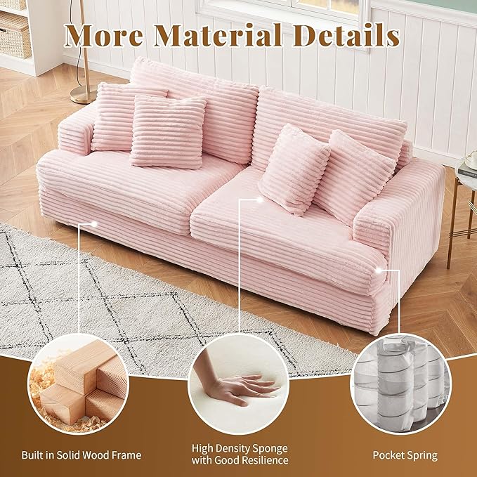 Modern Cloud Couch 3-Seater with 4 Matching Toss Pillows 88.58 Soft Corduroy Sofa with Deep Seat for Small Spaces Living Room Apartment (Pink)