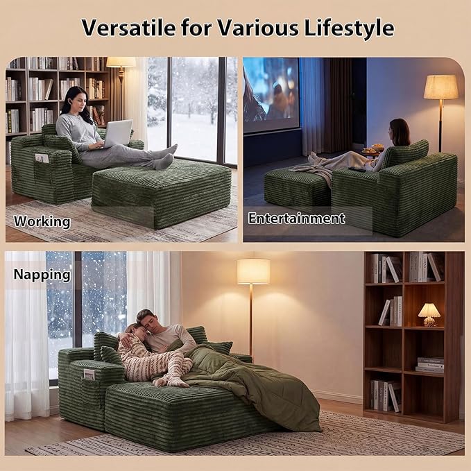 Boneless Chaise Lounge Chair Indoor with Ottoman 67 Inch Oversized Corduroy Couch Compressed Sofa Bed Couches for Living Room Bedroom Guest Room No Assembly Required Green | Breathable material