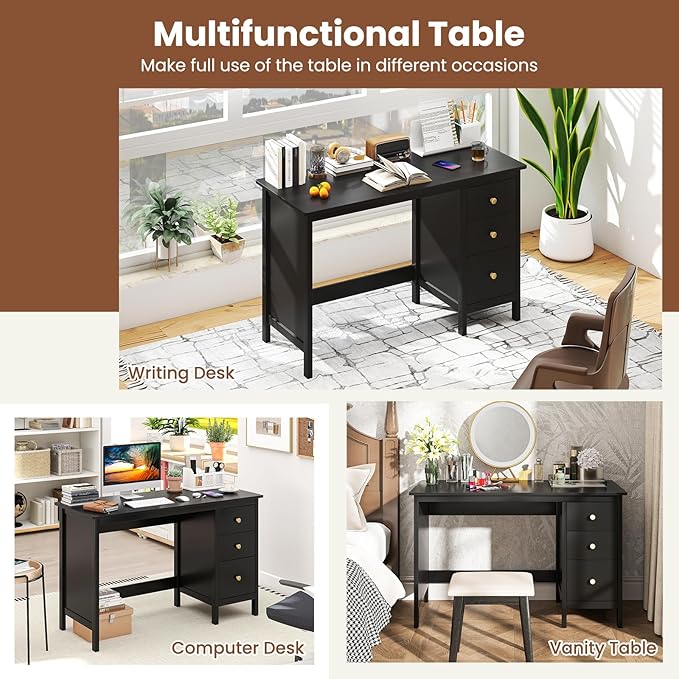 GOFLAME Computer Desk w/ 3 Drawers 48 Wide Writing Desk with Storage Laptop Study Desk w/Anti-tip Kit Modern Home Office Desk Wooden Workstation Vanity Table for Study OfficeBlack