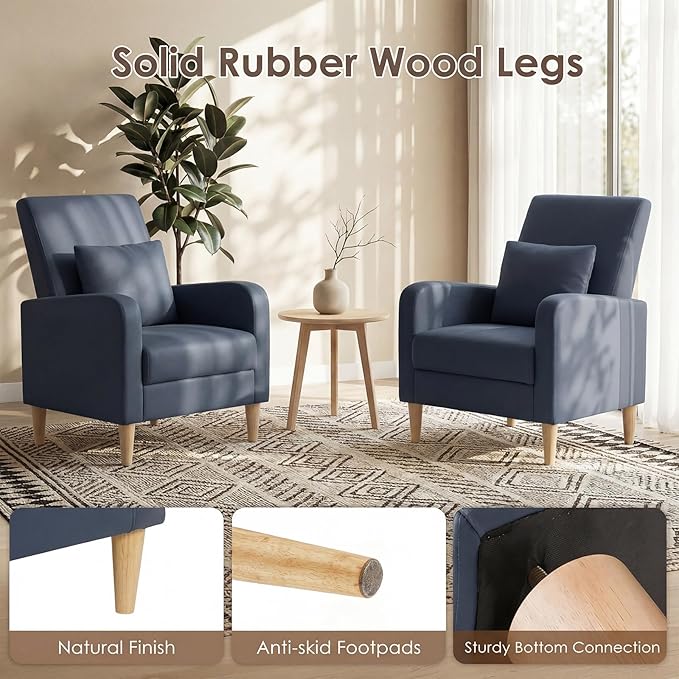 COLAMY Mid-Century Modern Upholstered Accent Chair with Back Pillow &amp Solid Wood Legs Leather Cozy Armchair for Living Room Bedroom Reading Nook Apartment &amp Small Spaces Blue