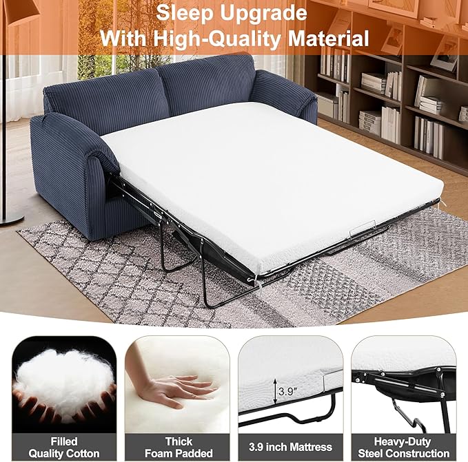 Pull Out Sofa Bed Corduroy Queen Sleeper Sofa Couch with Foam Mattress Large Sleeper Pullout Couch Bed for Living Room Office Queen Size (Blue)