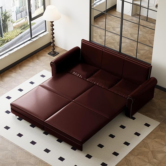 KEIKI 94 Chesterfield Sofa with Pull-Out King Sleeper Bed 3-in-1 Convertible Faux Leather Sofa Bed Rolled Arm Upholstered Couch for Living Room Bedroom Office Burgundy