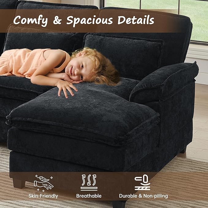 113 U Shaped Sectional Sofa Comfy Cloud Couch Chenille Sofa Sleeper Deep Seat Sofa with 4 Throw Pillows 4-Seater Double-Layer Modern Sofa for Living Room Black
