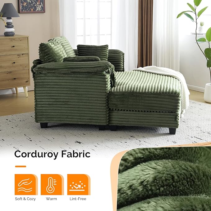 VINGLI Chaise Lounge Chair Indoor 56 Oversized Reading Chair Corduroy Chaise Sofa Recliner Bed Upholstered Comfy Sleeper Couch with Throw Pillows for Living Room Movie Room Bedroom
