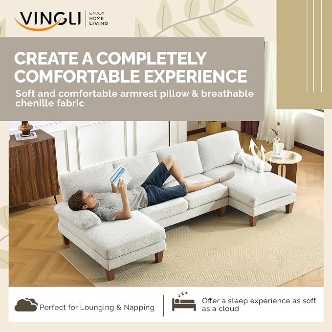 VINGLI 110' U-Shaped Sectional Couch with Two Chaise Affordable Small Sofa with 4 Seats Chenille Fabric Comfy Couches for Living Room Beige