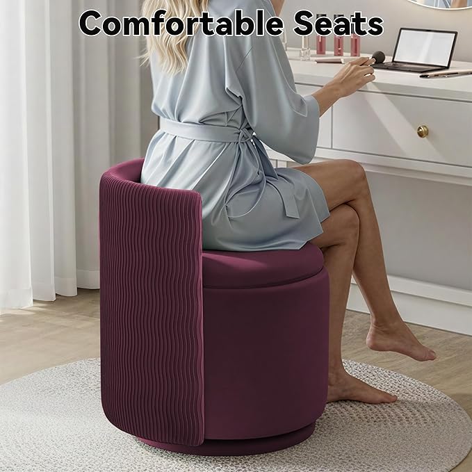 360° Swivel Velvet Vanity Chair with Storage Barrel Makeup Chair with Wave Back No Assembly Vanity Stool Small Accent Chair for Living Room Burgundy